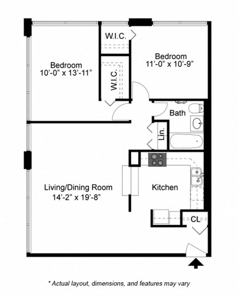 Floor plan for 2 beds, 1 bath, 830 sqft